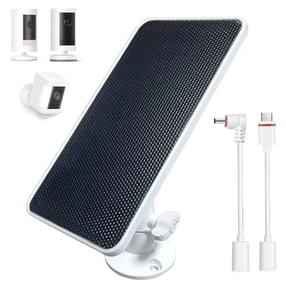 Outdoor solar panel charger kit with dark panel, stand, and cable connectors