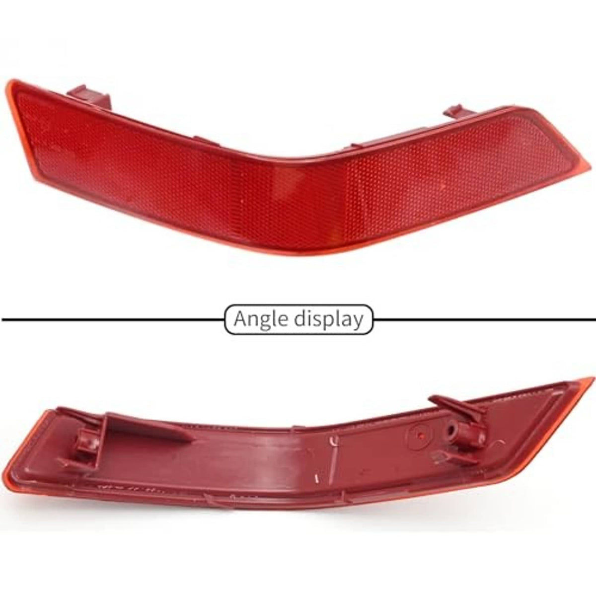 Red rear bumper reflector insert with textured lens; shows curved front and clips