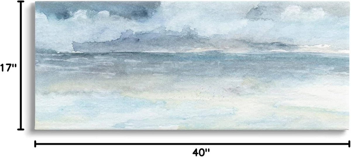 Blue-gray cloudy ocean waves canvas wall art with size markers 40 x 17 in