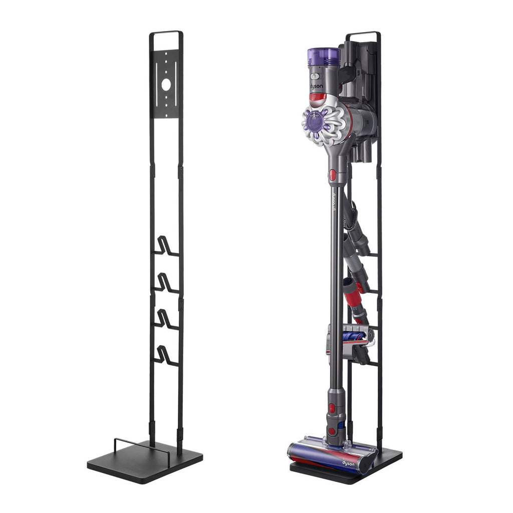 Black vacuum cleaner stand with slim vertical frame and flat square base