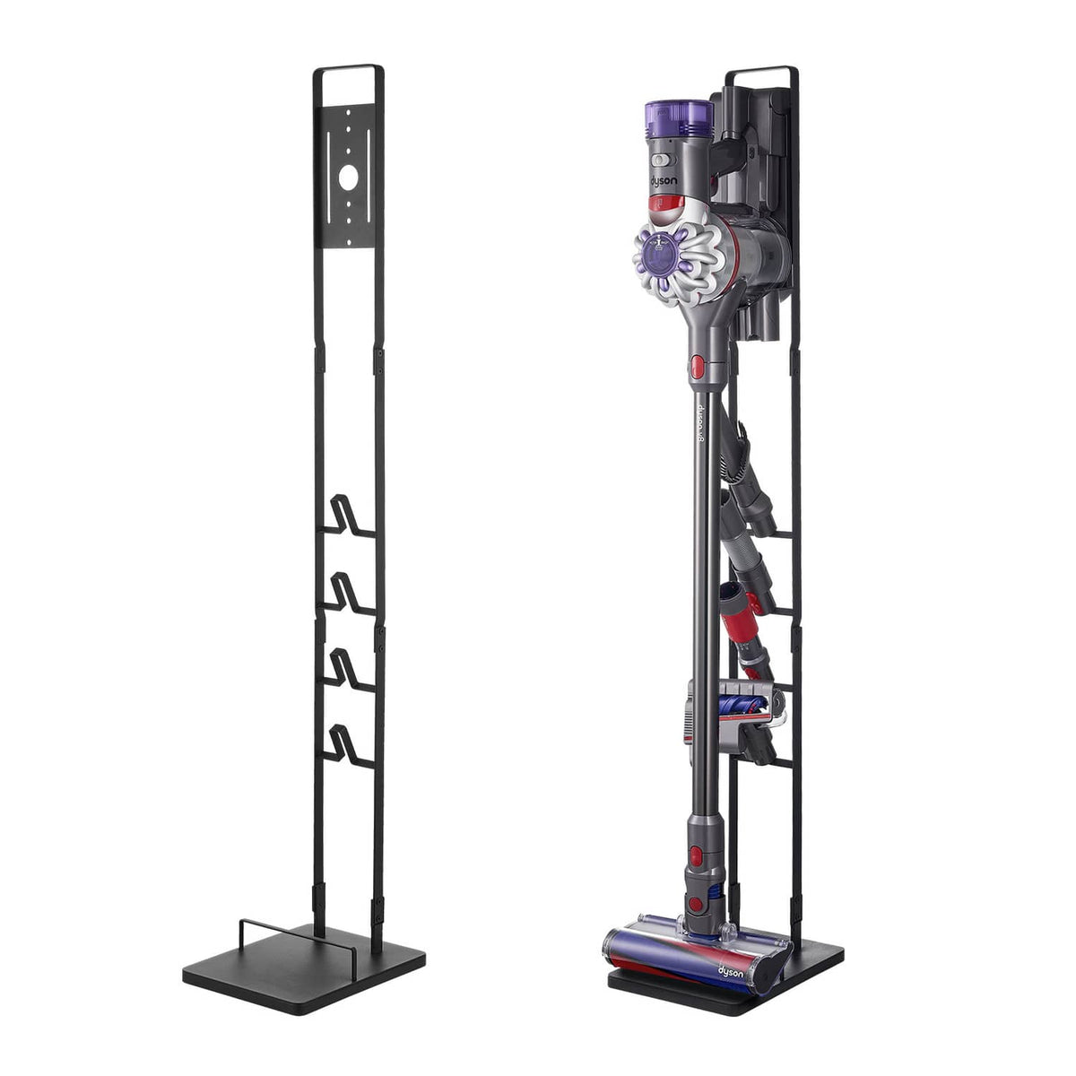 Black vacuum cleaner stand with slim vertical frame and flat square base