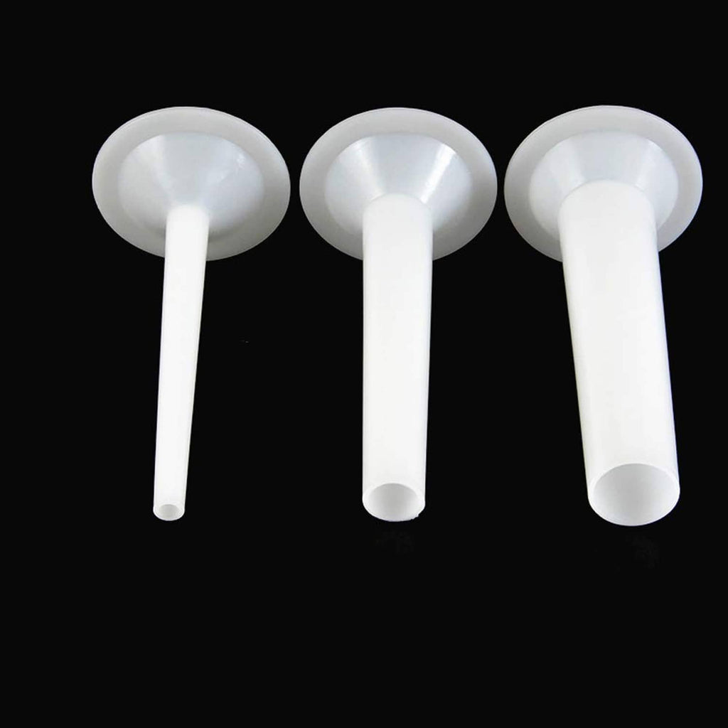 White plastic sausage stuffing tube set, three manual stuffer funnels with long stems
