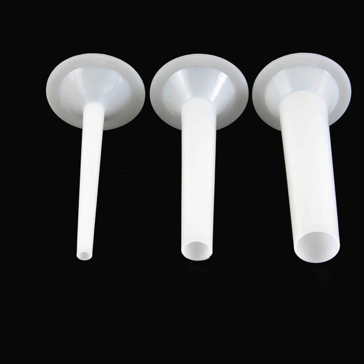 White plastic sausage stuffing tube set, three manual stuffer funnels with long stems