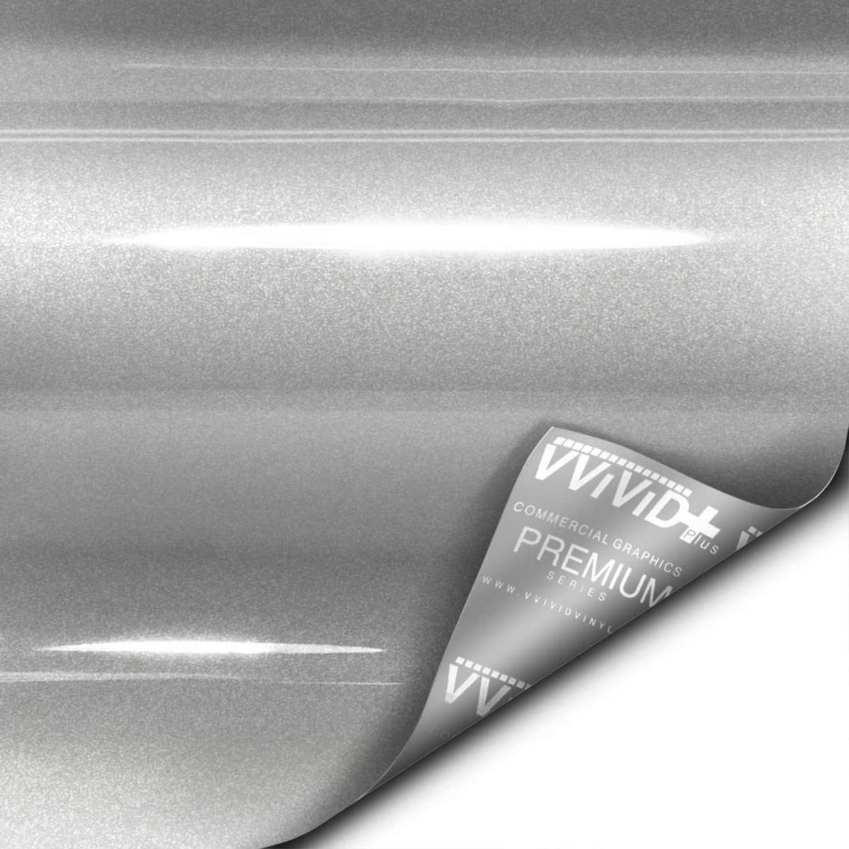 Close-up of silver metallic vinyl car wrap with speckled ultra-gloss surface texture