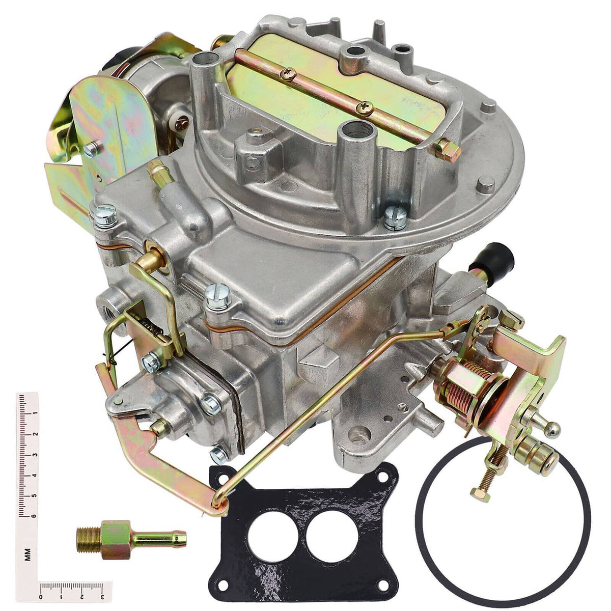 Two-barrel carburetor with metal body, brass fittings, and mounting gasket