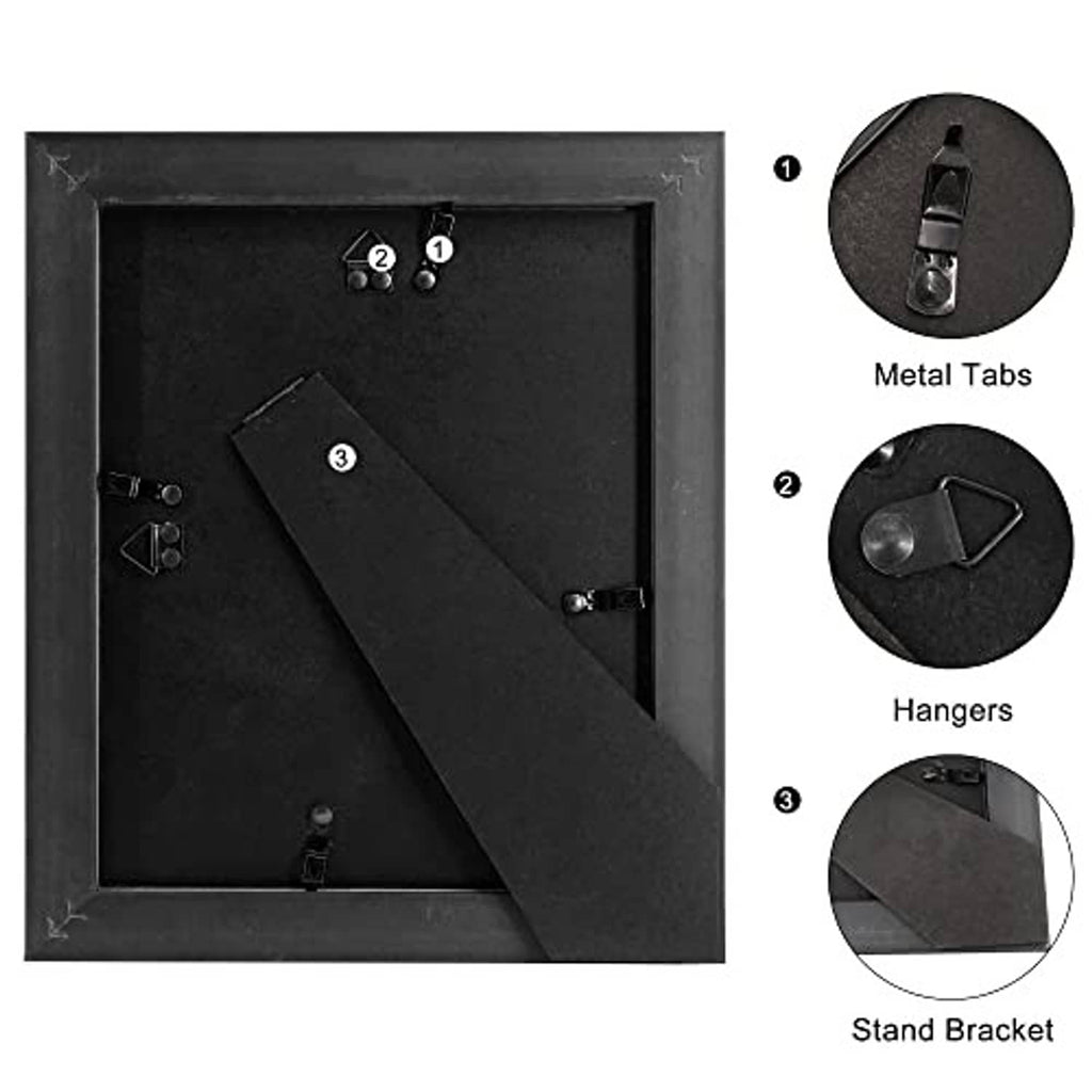 Black 8x10 picture frame back with metal tabs, hangers, and stand bracket