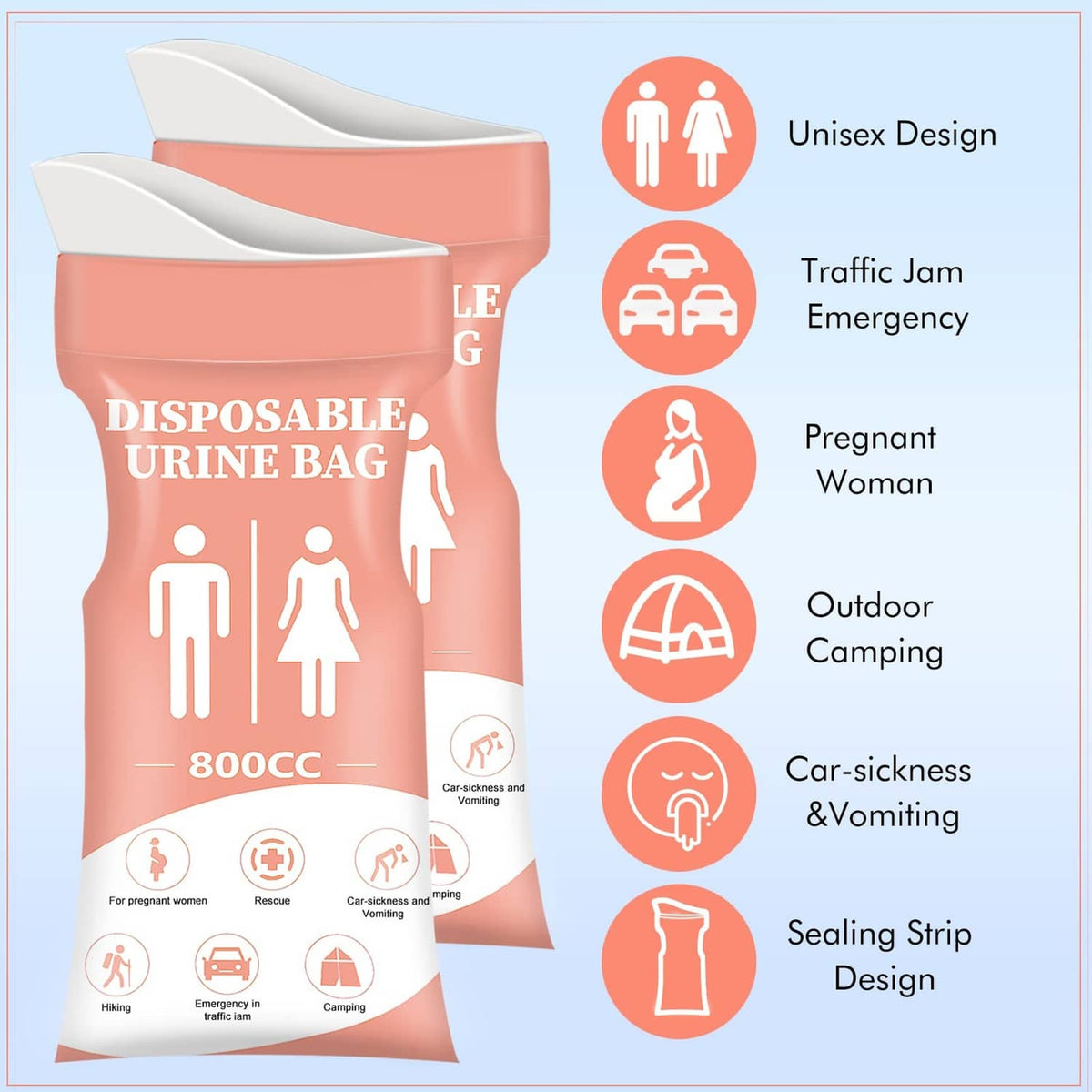 Pink disposable urine bag with unisex icons, sealing strip design, and 800cc capacity