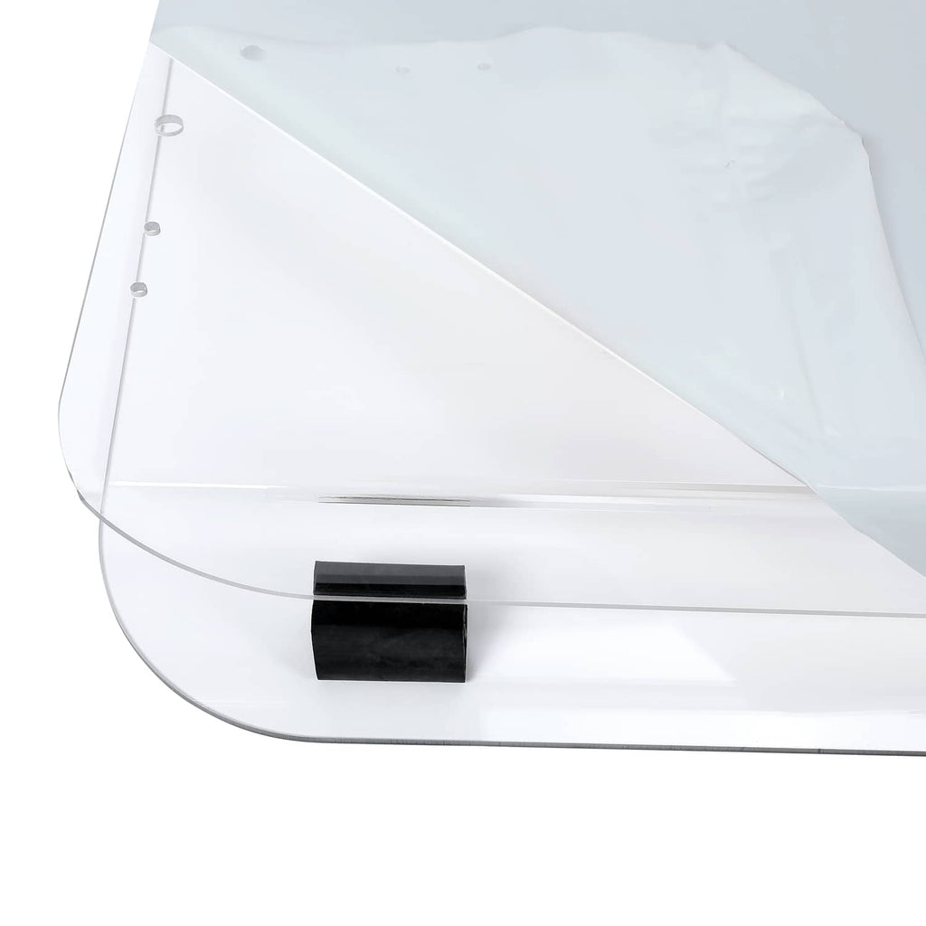 Clear folding windshield with black mounting block and transparent panel edge