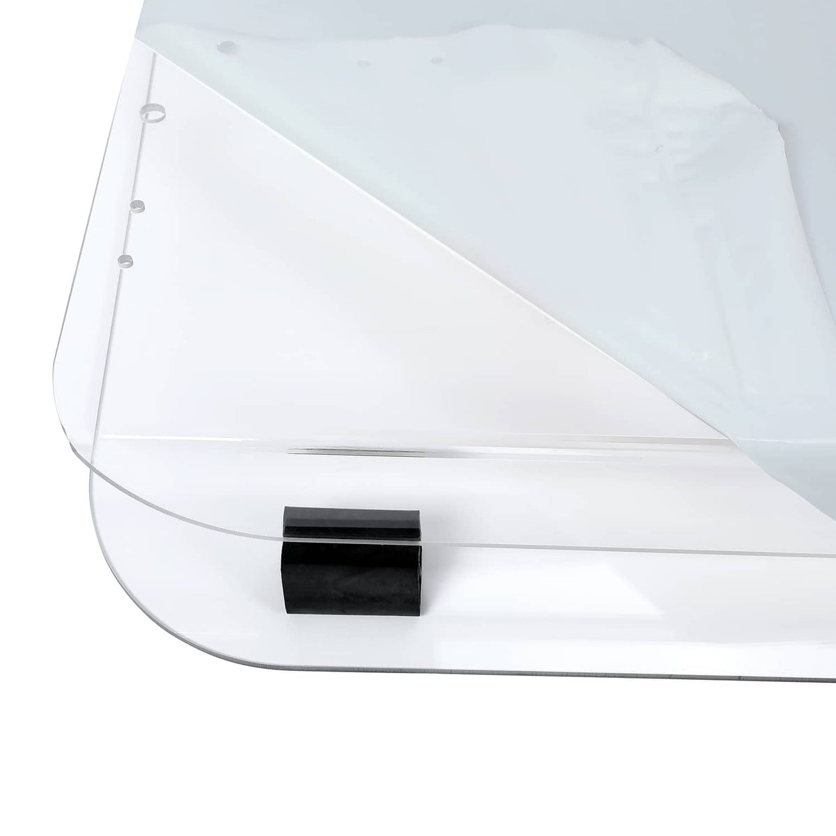 Clear folding windshield with black mounting block and transparent panel edge