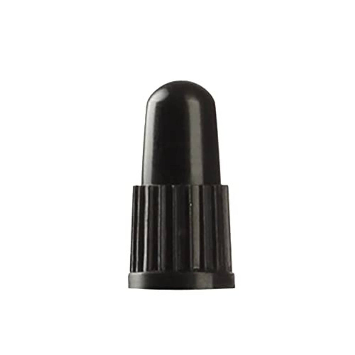 Black Presta valve cap with silver base ring.