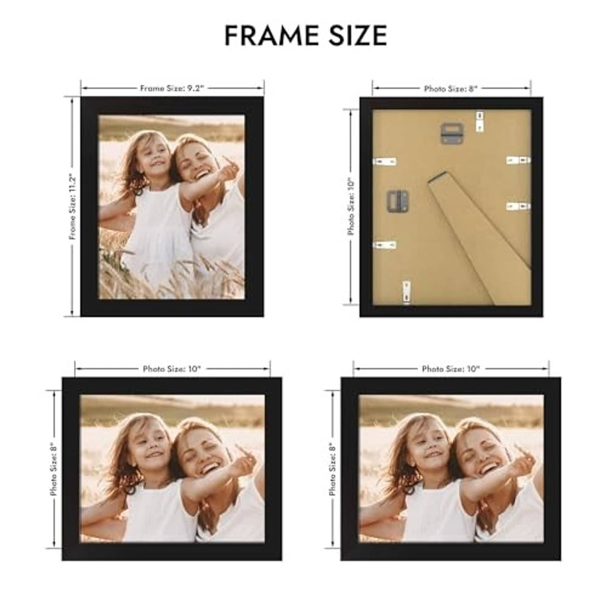 Black 8x10 picture frame size diagram with photo and backboard view.