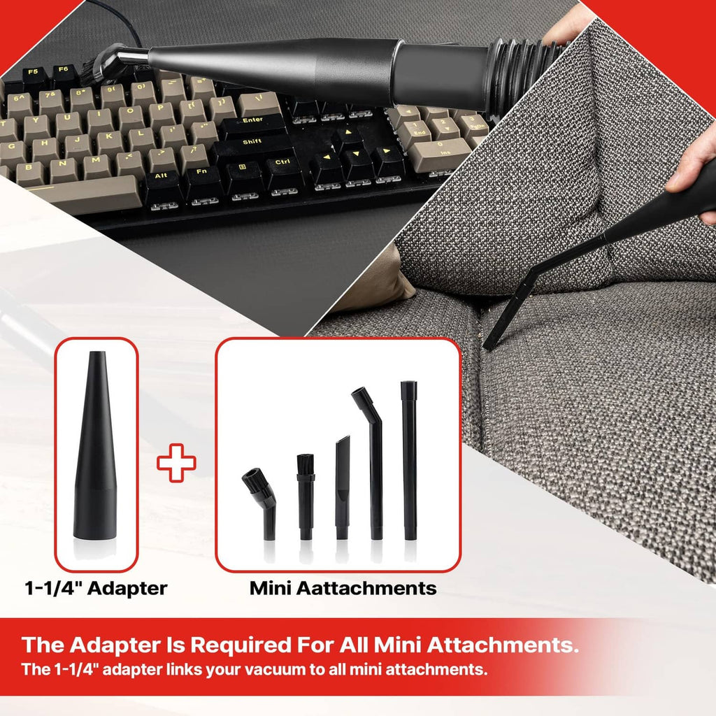 Black 1-1/4 adapter and mini cleaning attachments with brush heads