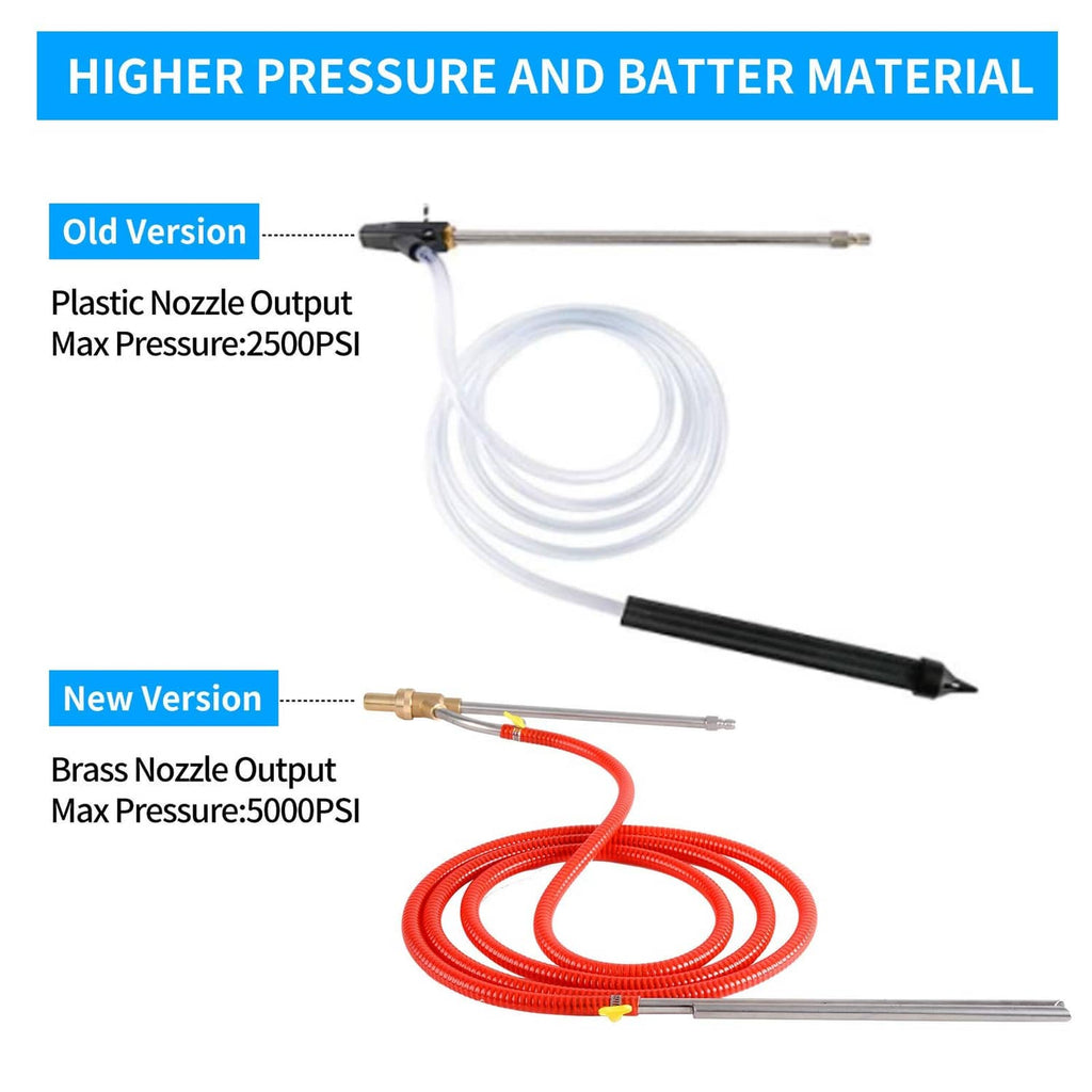 Sandblaster kit comparison: brass nozzle version with red hose and metal wand