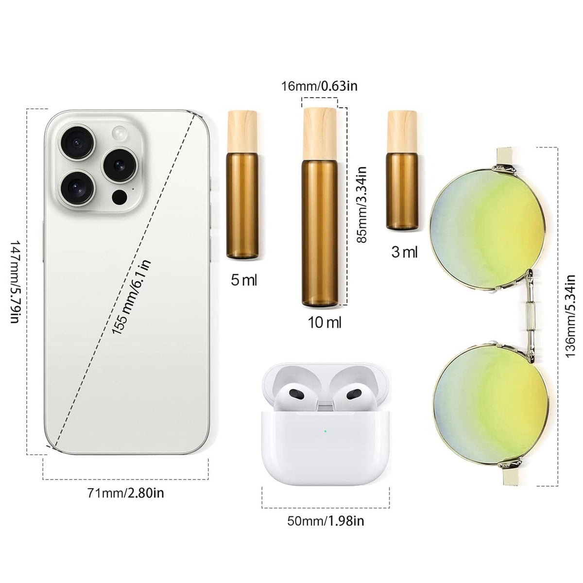 Amber roll-on bottle kit with wooden caps and included funnels, multiple bottle sizes