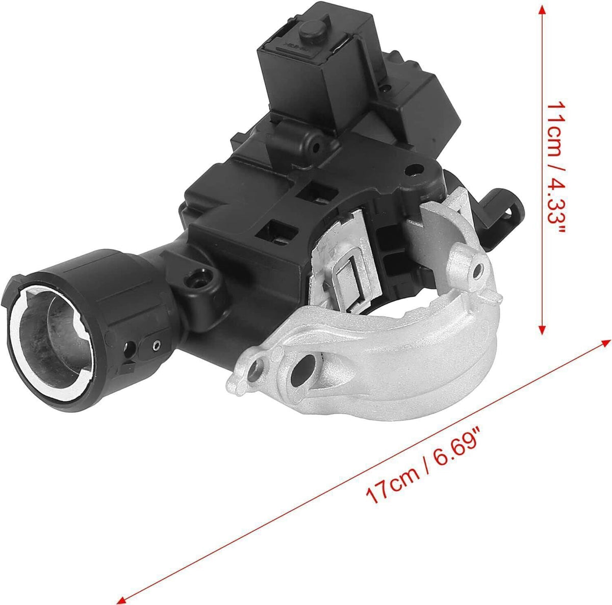 Ignition lock housing assembly with black plastic module and curved silver metal base