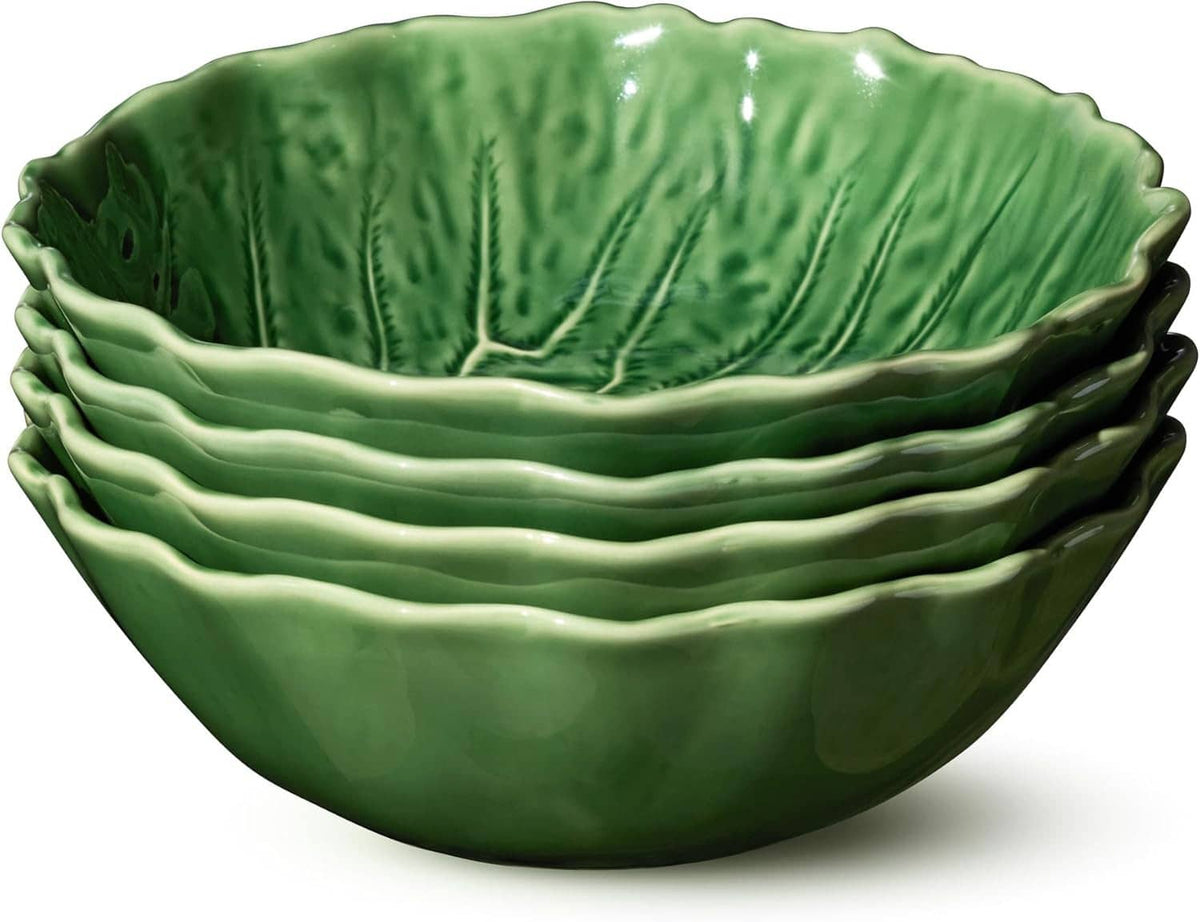 Green cabbage-relief 3D soup bowls, set of four—angled front view