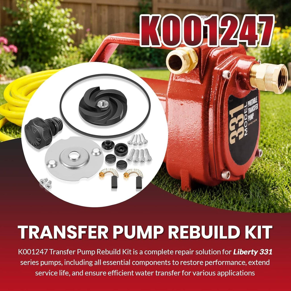 Pump rebuild kit components for outdoor transfer pump: black cap, seal plate, screws, gasket