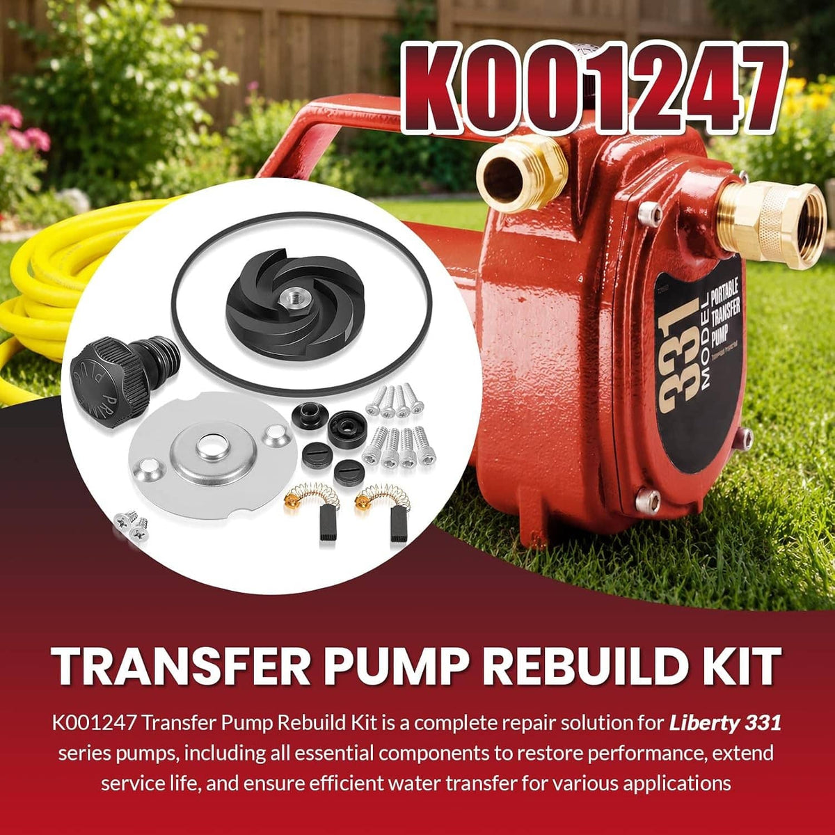 Pump rebuild kit components for outdoor transfer pump: black cap, seal plate, screws, gasket