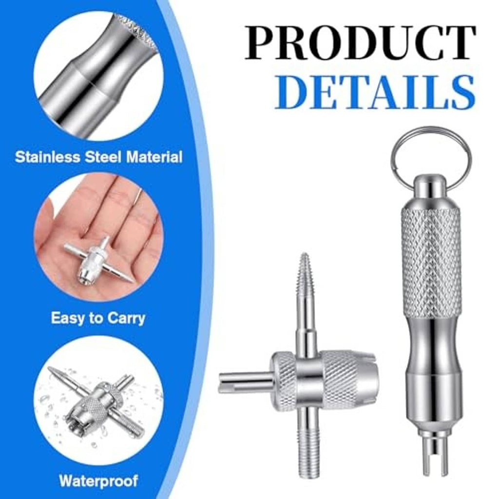 Stainless steel valve stem tool keychain with textured grip and key ring