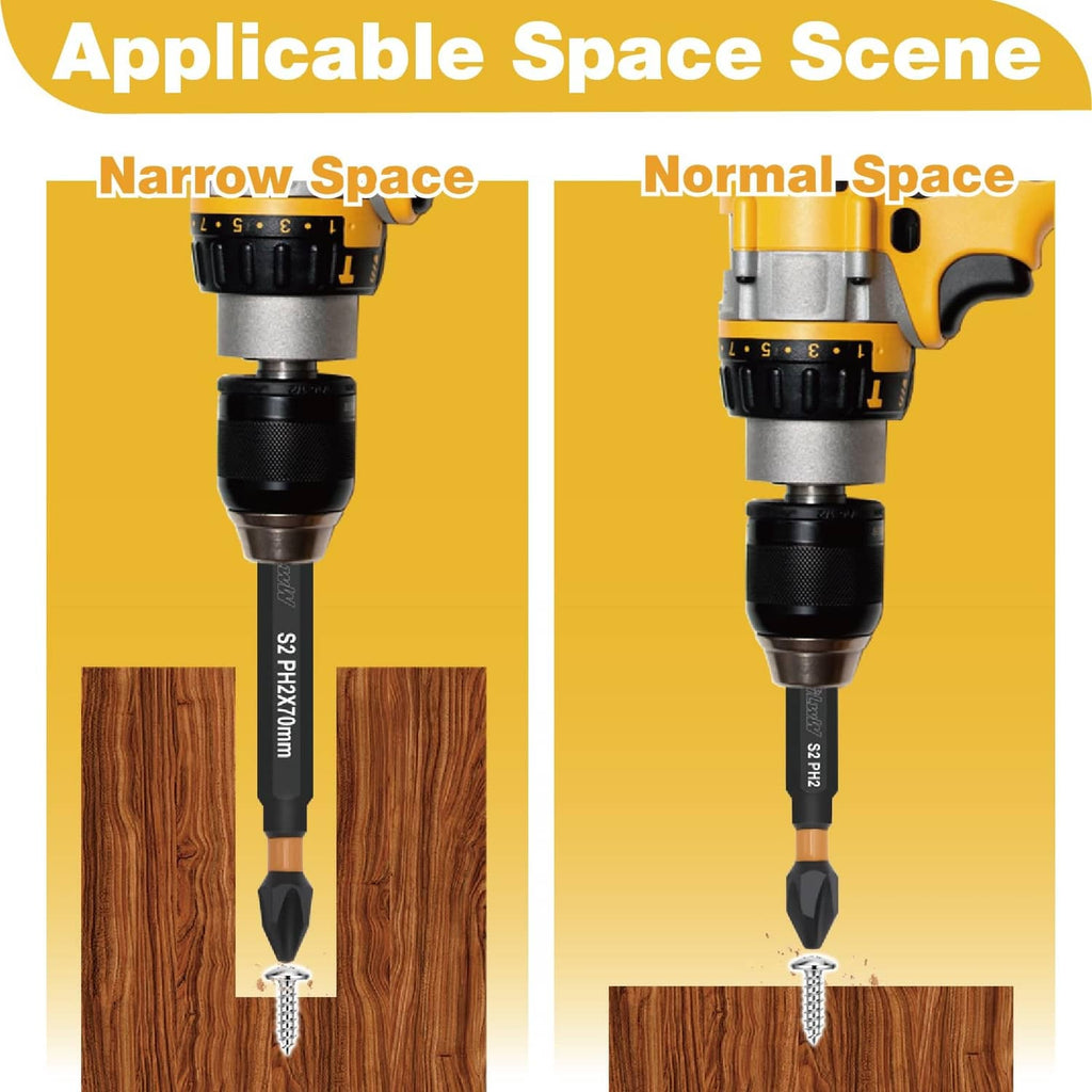 Magnetic screw rings demonstrating narrow and normal space drilling with PH2 tips