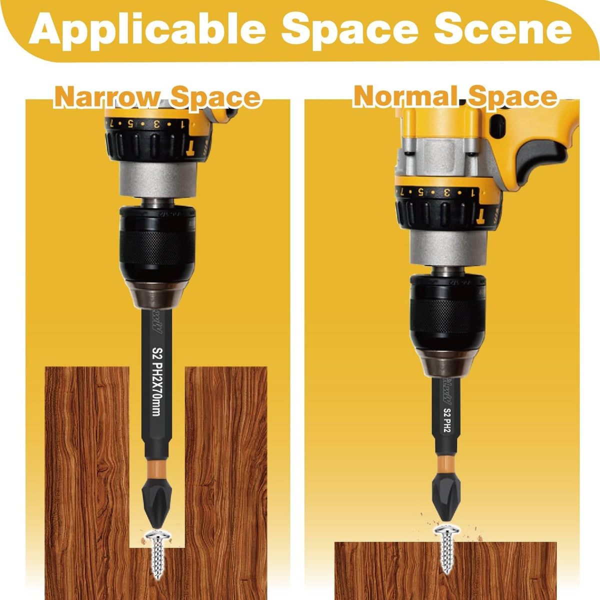 Magnetic screw rings demonstrating narrow and normal space drilling with PH2 tips