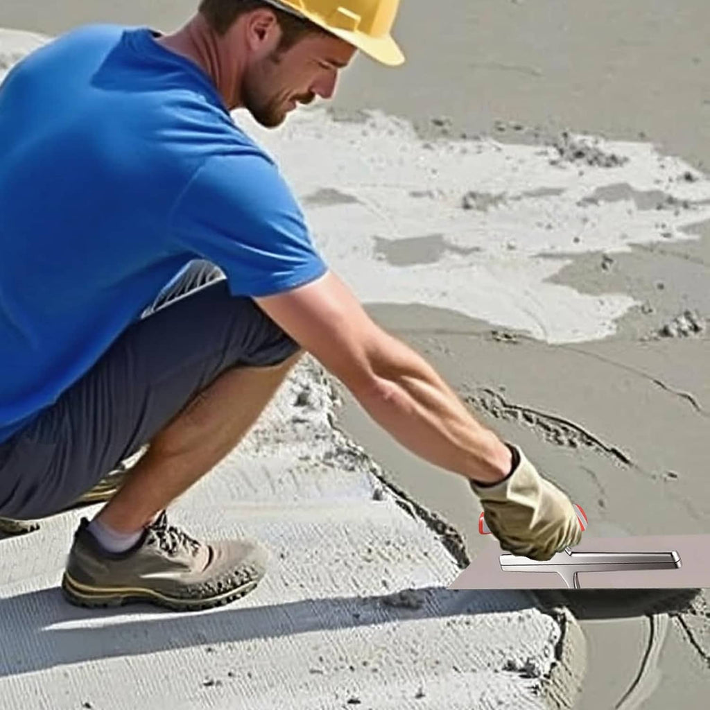 Concrete finishing trowel spreading and smoothing mortar on a slab.