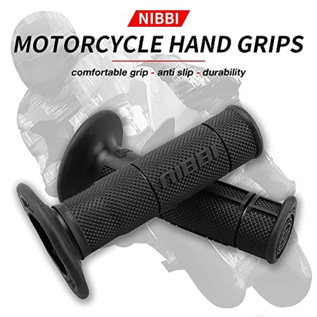 Pair of black motorcycle hand grips with knurled texture and raised pattern pads