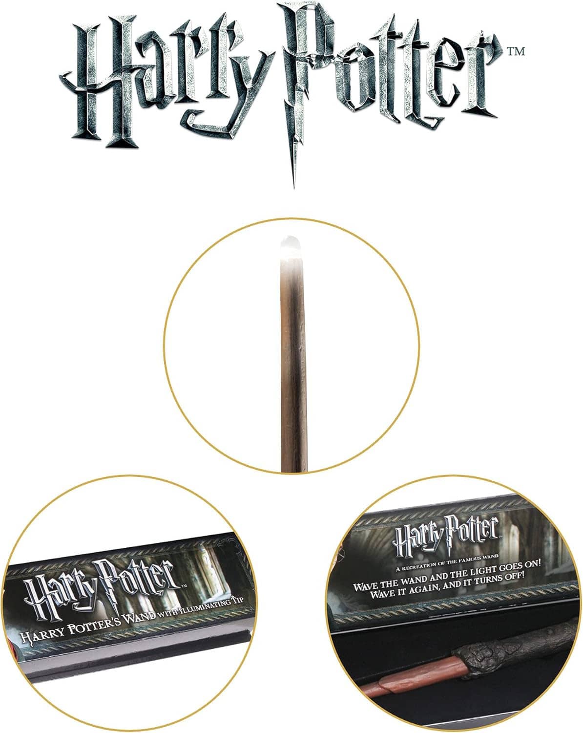 Illuminating wand with glowing tip detail and boxed Harry Potter wand close-up