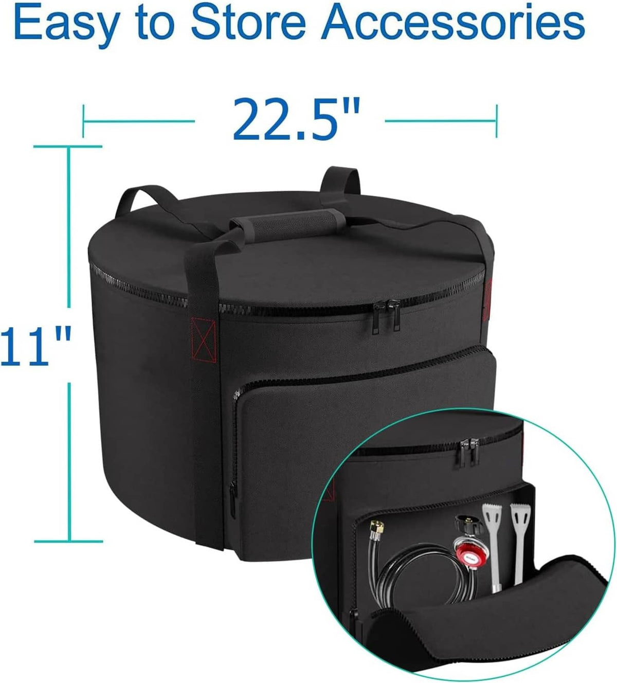Black round carrying bag with dimensions and front storage zip pocket
