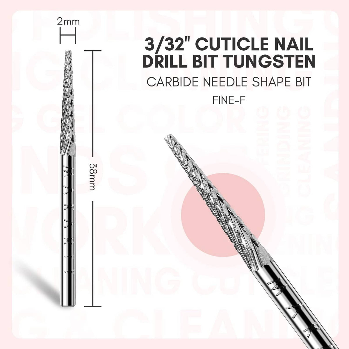 Cuticle nail drill bit with 3/32-inch carbide needle tip and textured metal shaft