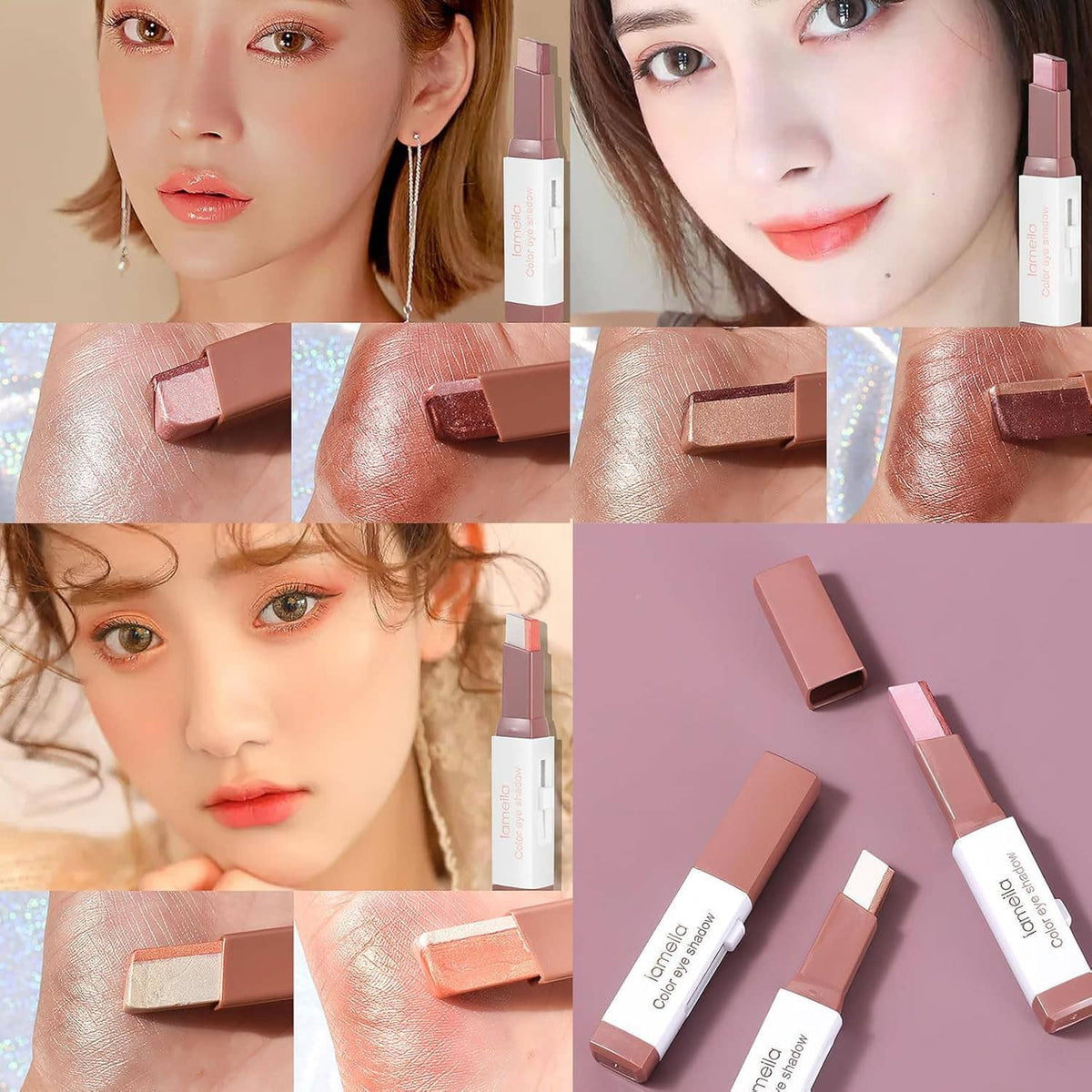 Model wearing glitter eyeshadow, with multiple two-tone eyeshadow sticks beside the face