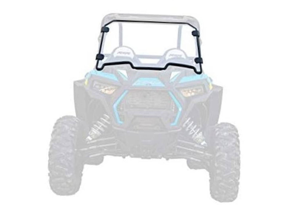 UTV full windshield on white background, clear panel with black frame and posts