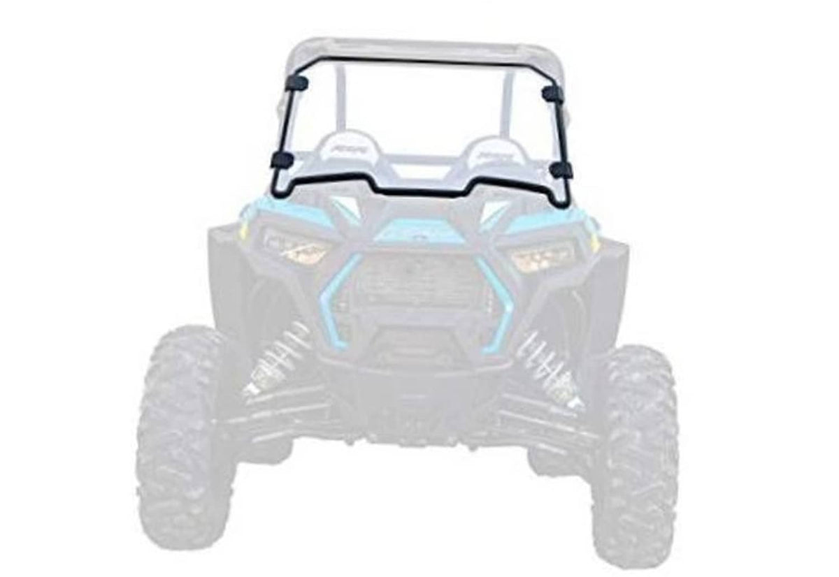 UTV full windshield on white background, clear panel with black frame and posts