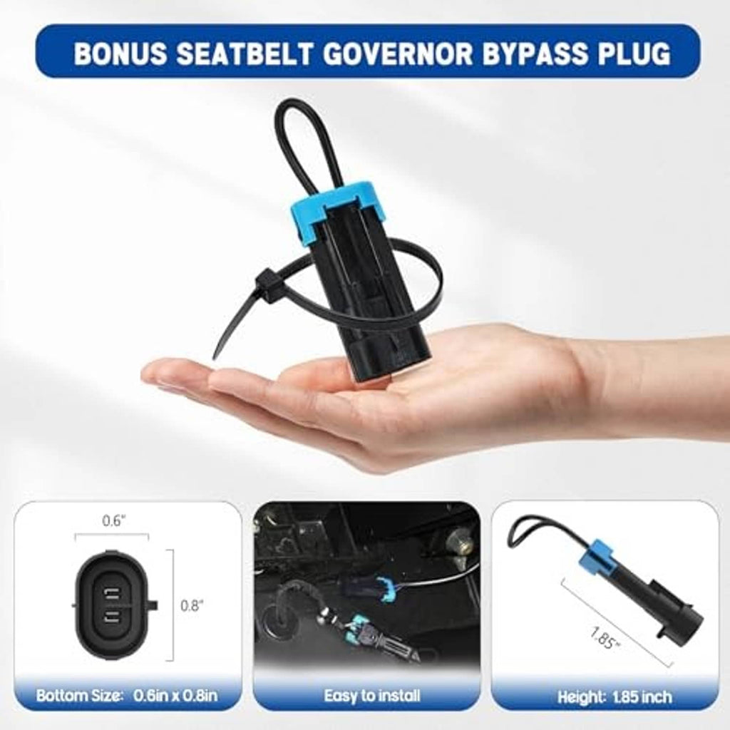 UTV rear side mirror set with bonus seatbelt governor bypass plug accessory