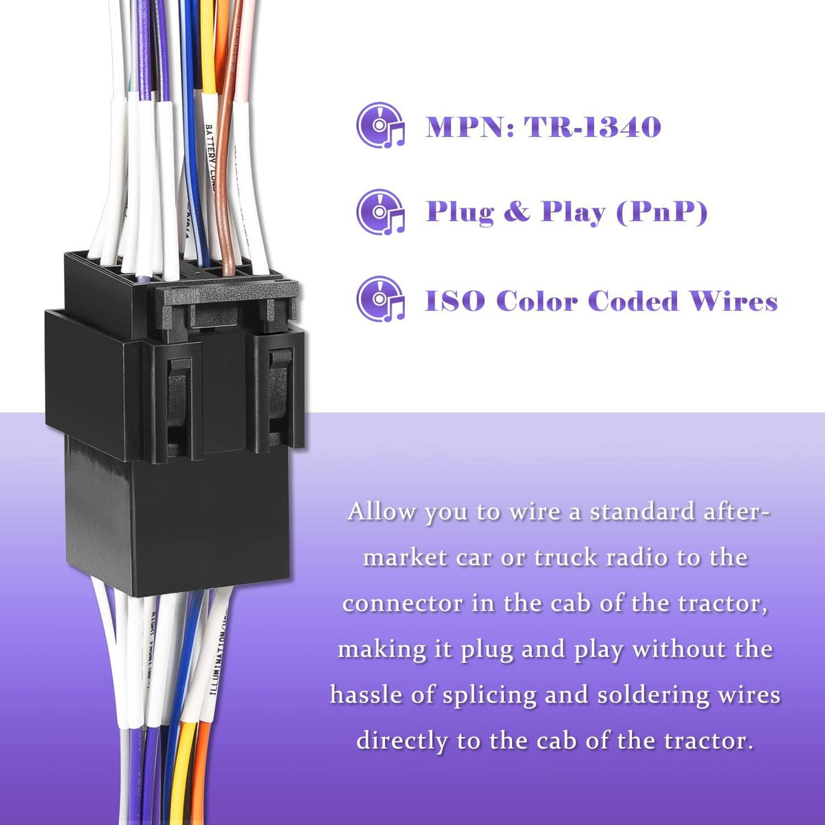 ISO radio plug-and-play adapter with black wiring block and bundled colored leads