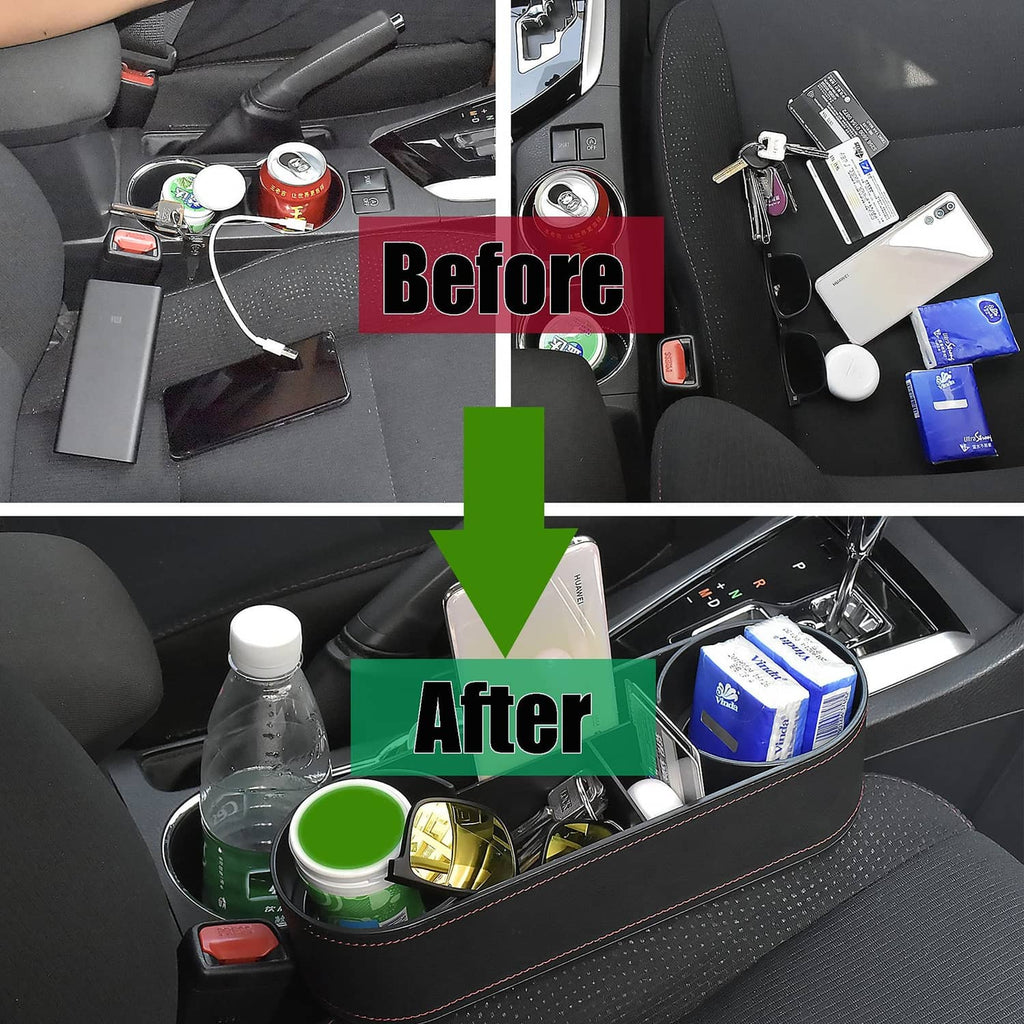 Black car seat side organizer with two cup holders storing drinks and personal items