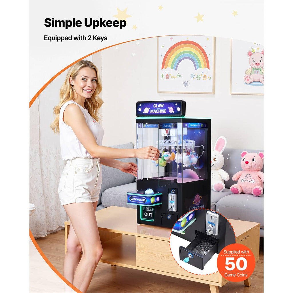 Uimoso claw crane arcade game machine with two keys and illuminated control panel