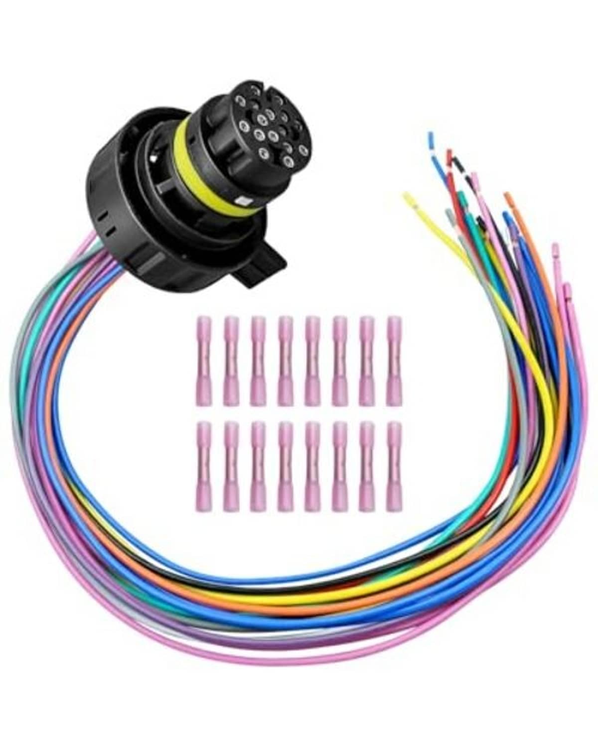 Transmission harness repair kit with angled black plug, multicolor wires, and pink terminal pins