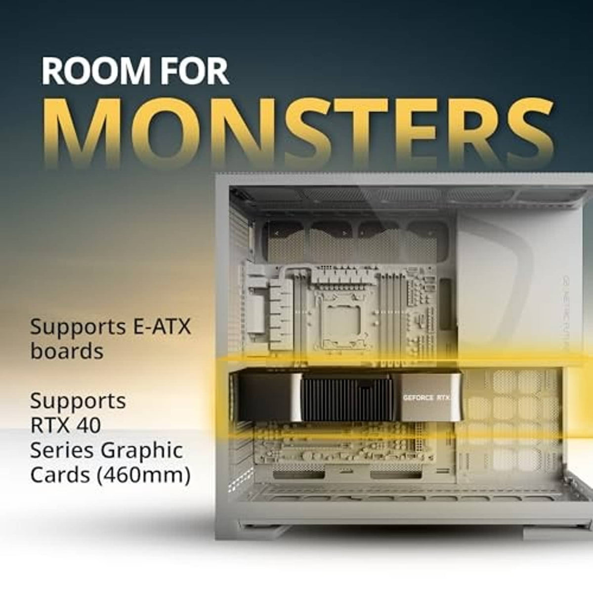 Open white tempered-glass PC case with exposed motherboard tray and GPU interior