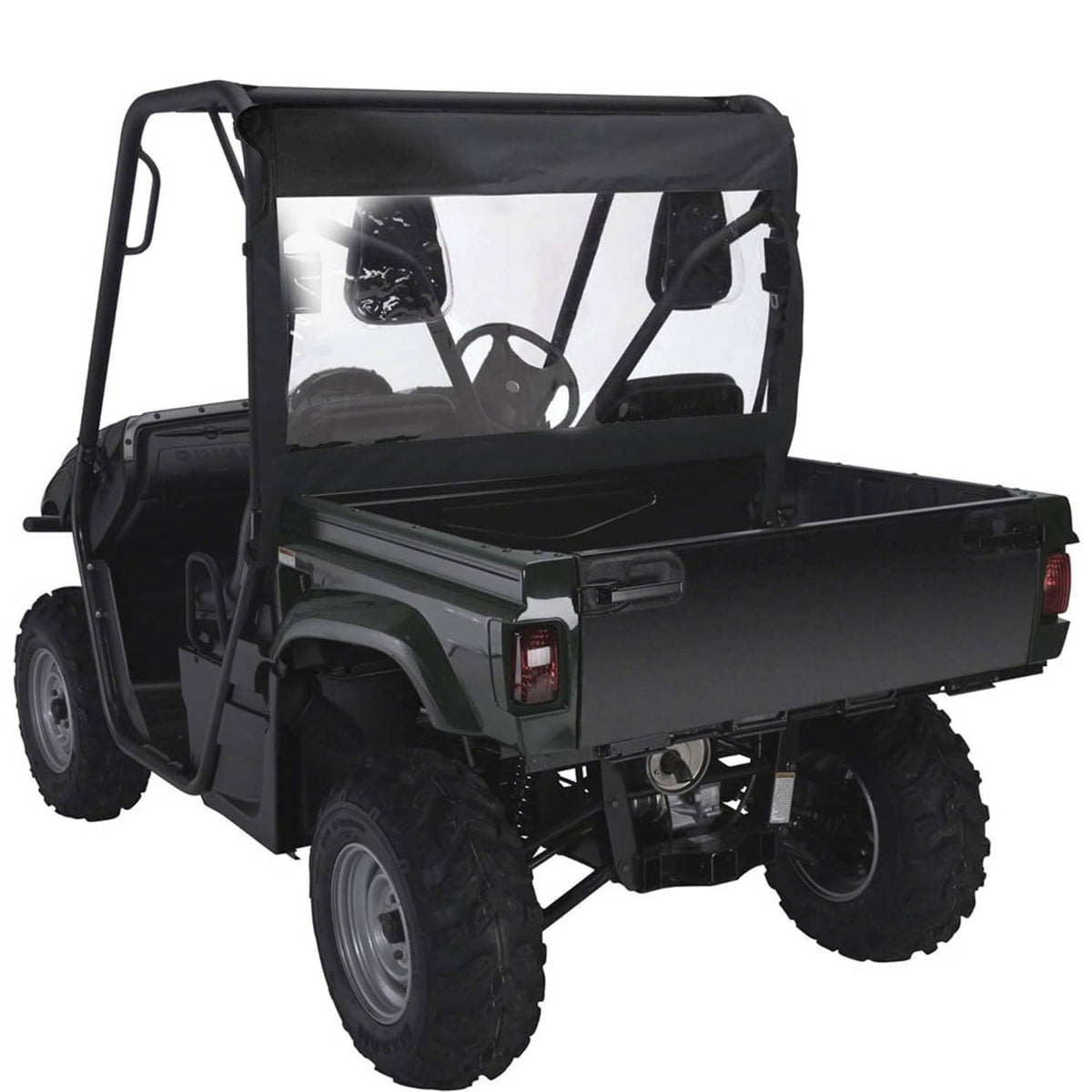 UTV rear window shield with clear panel set on black frame rails.