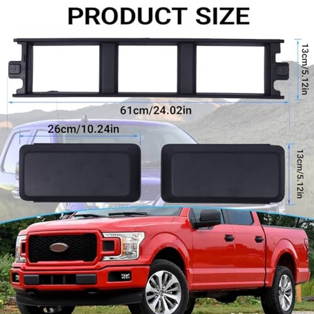 Black front bumper grille insert trim frame with two rectangular end covers, shown with measurements