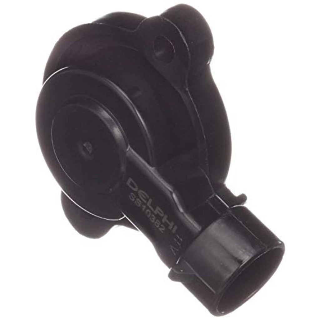 Throttle position sensor with black housing and DELPHI label, side view of connector