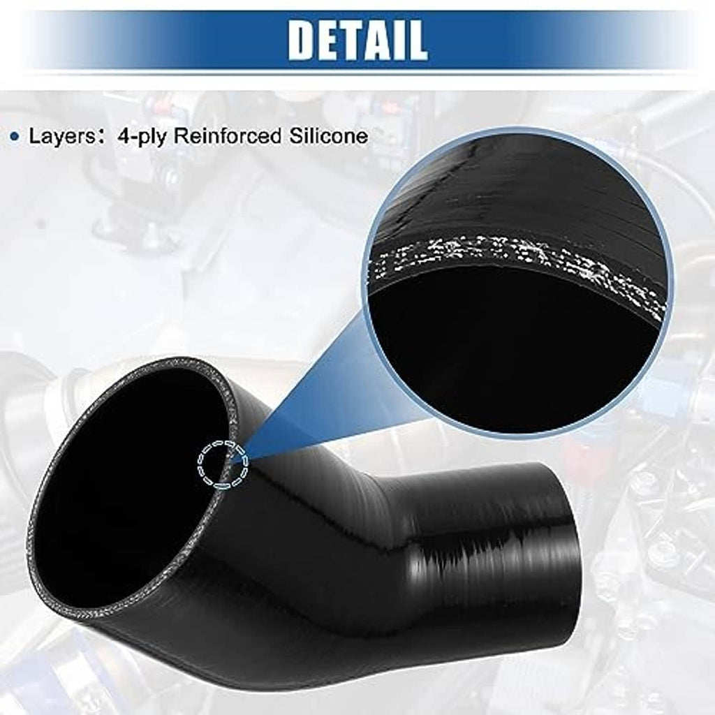 Black silicone hose elbow reducer with visible reinforced layered construction