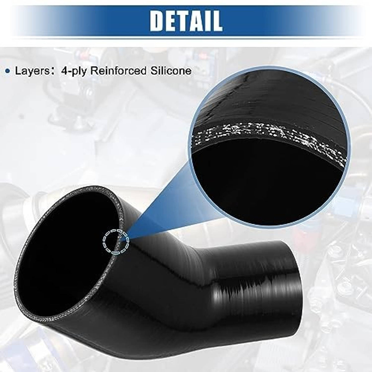 Black silicone hose elbow reducer with visible reinforced layered construction