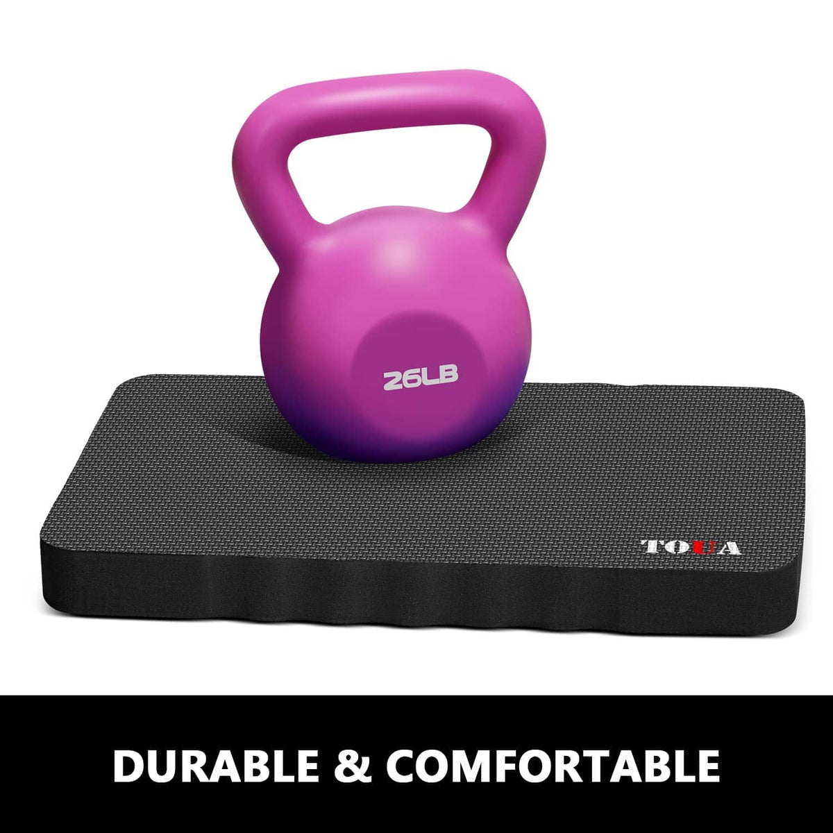 Large dark gray kneeling pad with textured top surface supporting a 2LB kettlebell.