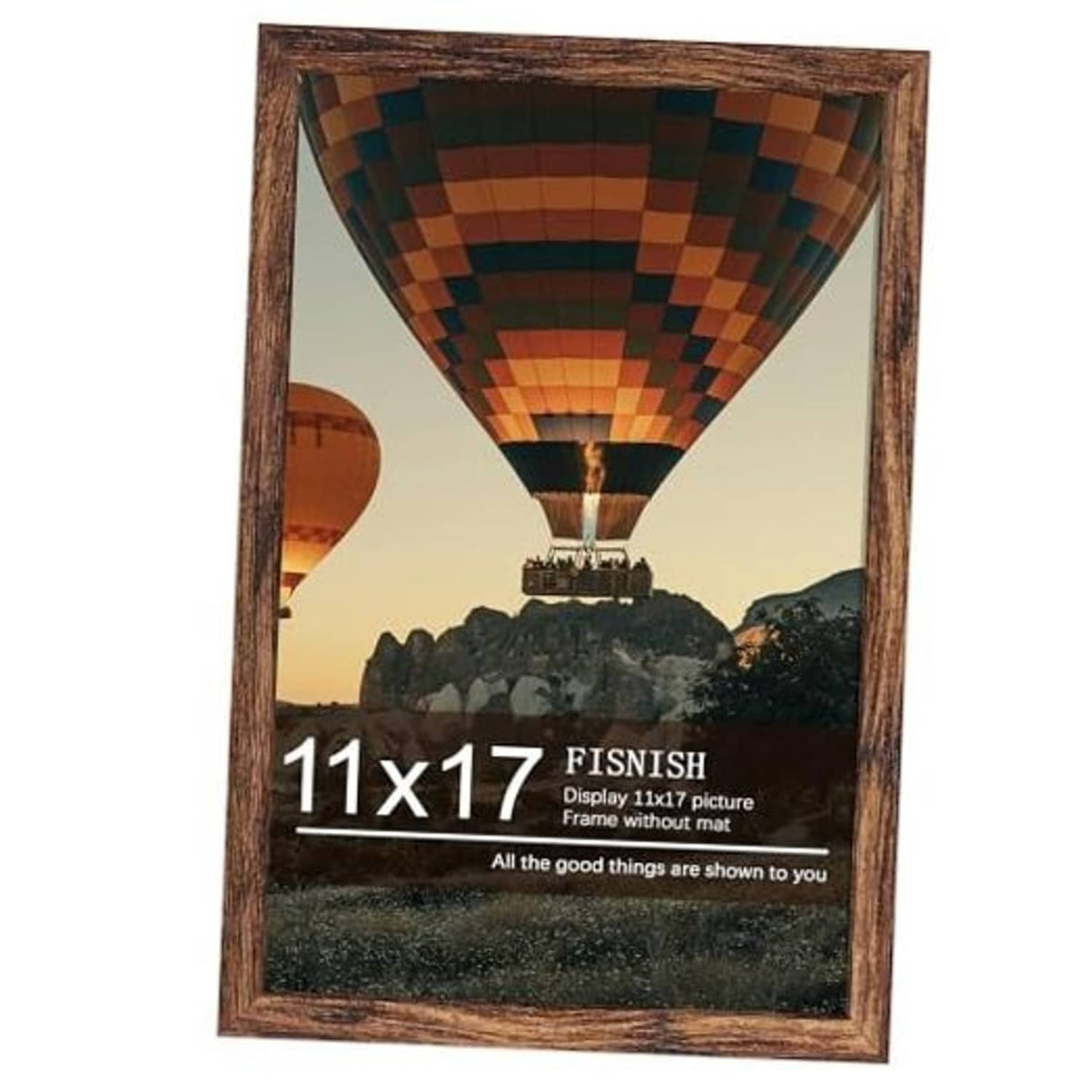Brown 11x17 picture frame with hot air balloon photo, front view
