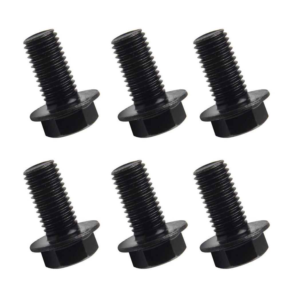 Six black flexplate bolts with washer-style heads and threaded shafts