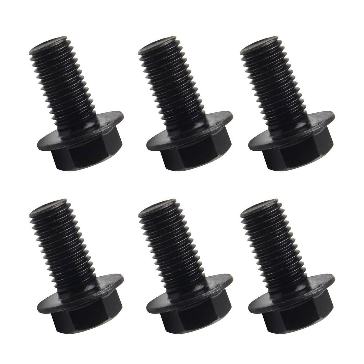 Six black flexplate bolts with washer-style heads and threaded shafts
