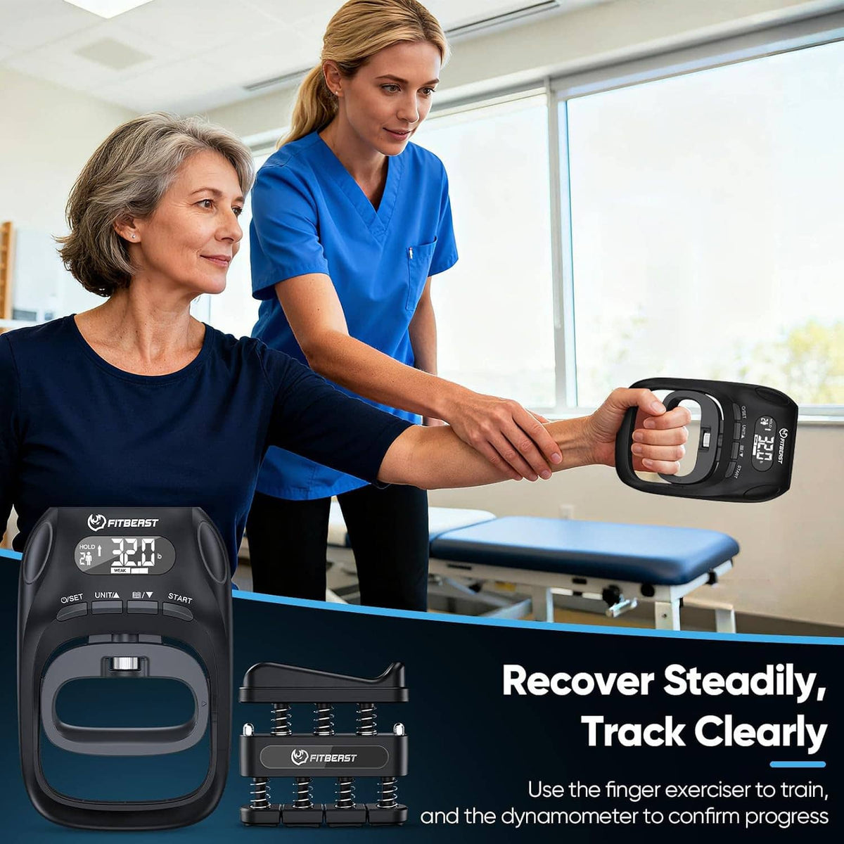 Therapist assisting an older woman using a digital grip strength tester