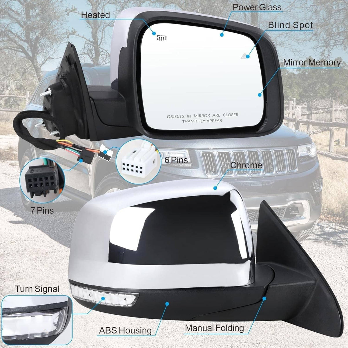 Blind-spot mirror with ABS housing, manual folding, heated glass, and wiring connectors